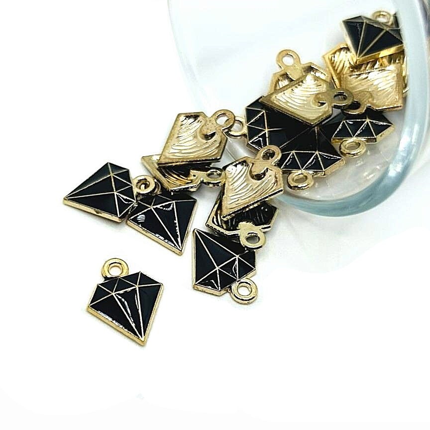 Gold Diamond Shape and Black Enamel Charms, 15x12mm