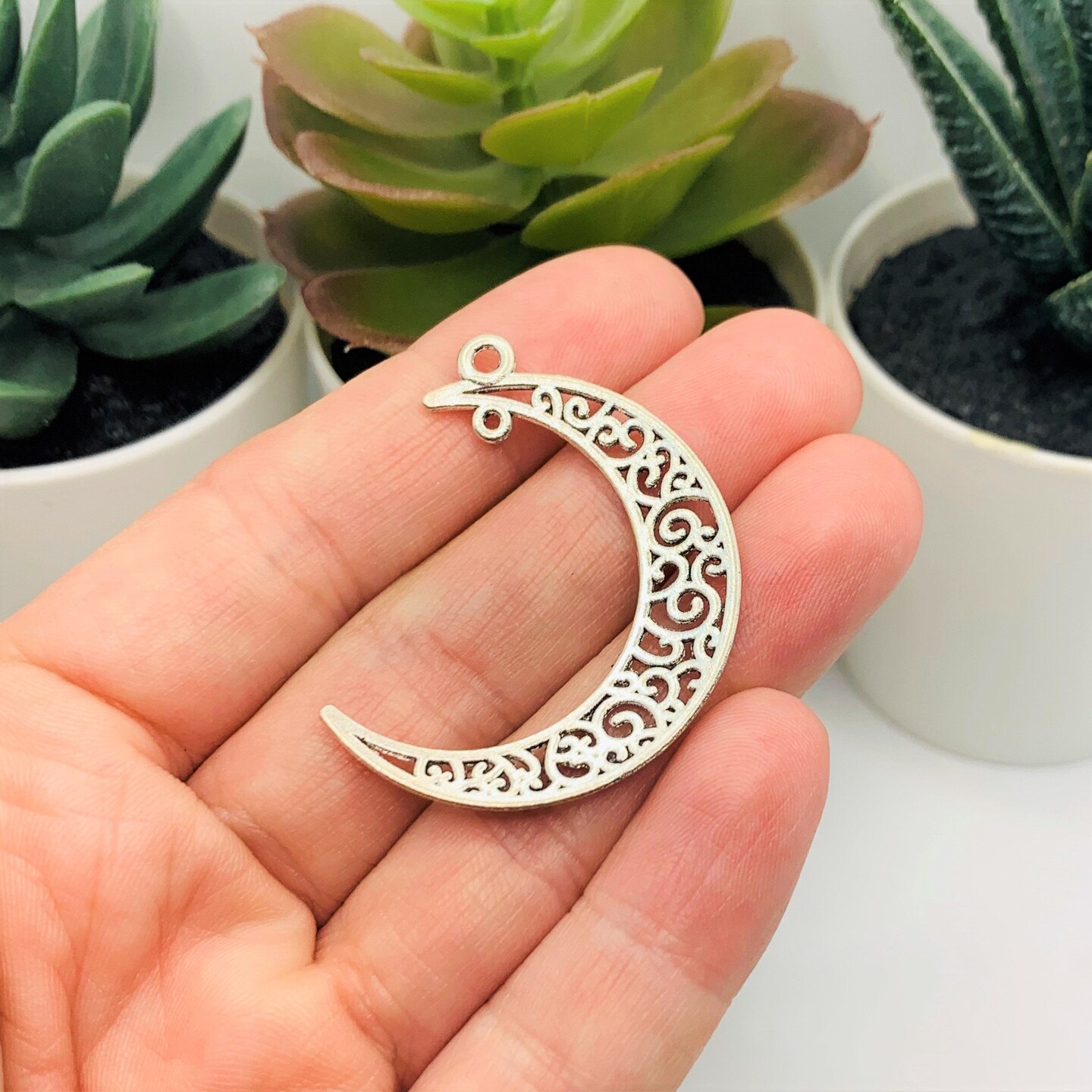 Silver Crescent Moon Double Hoop Charms, 41x36mm