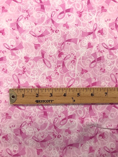 1 Yard Pink Ribbon Hearts Cotton Fabric 44&#x2013;45&#x2033; Wide Pink Breast Cancer Awareness Print
