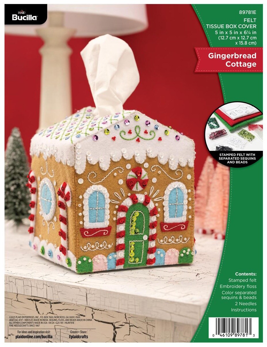 Bucilla Tissue Box Cover Felt Applique Kit 5&#x22;X5&#x22;X6.25&#x22;-Gingerbread Cottage