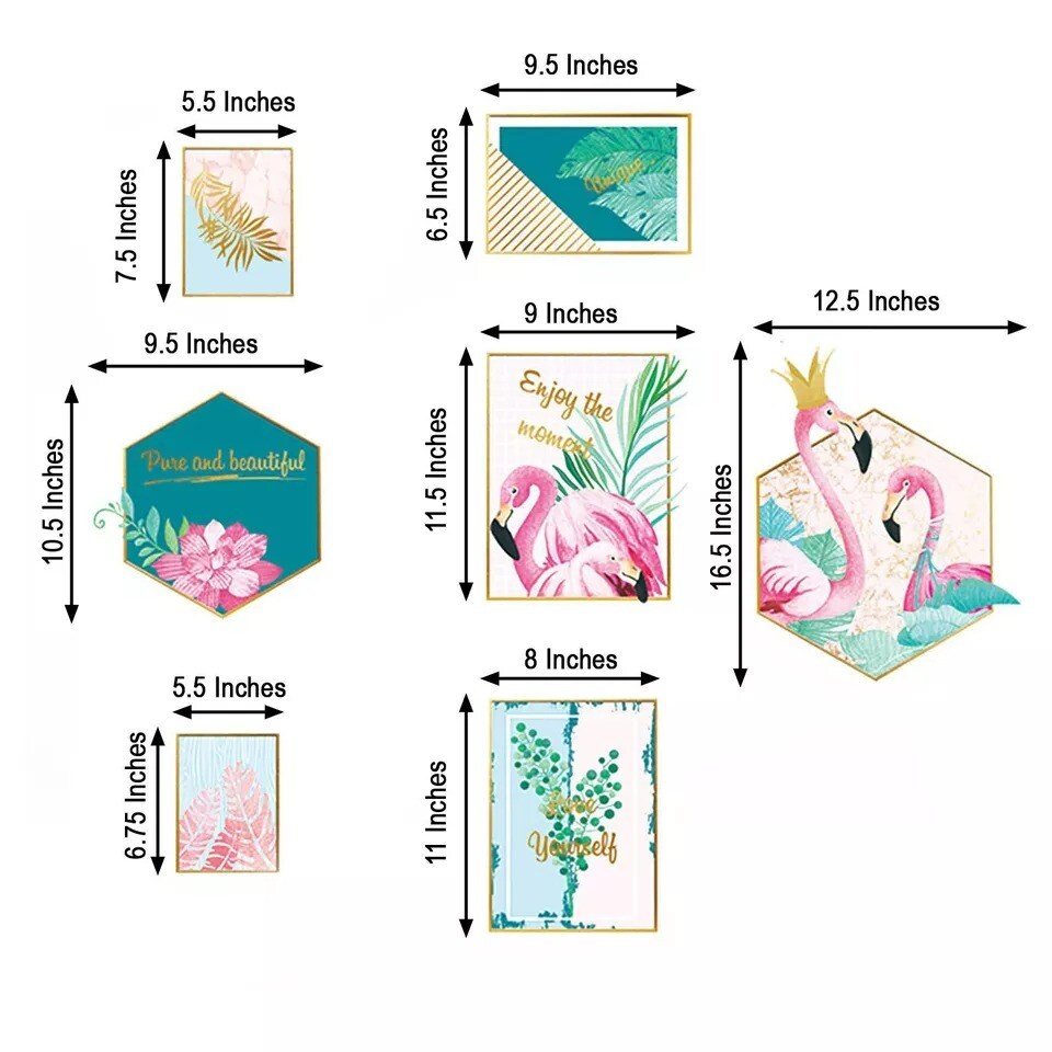 Pink Green Flamingo Frame Wall Stickers Tropical Leaves Removable PVC Dorm Room