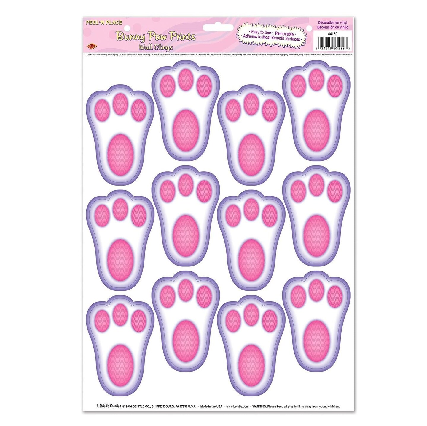 144 Piece Beistle Easter Bunny Paw Prints Peel &#x27;N Place Clings