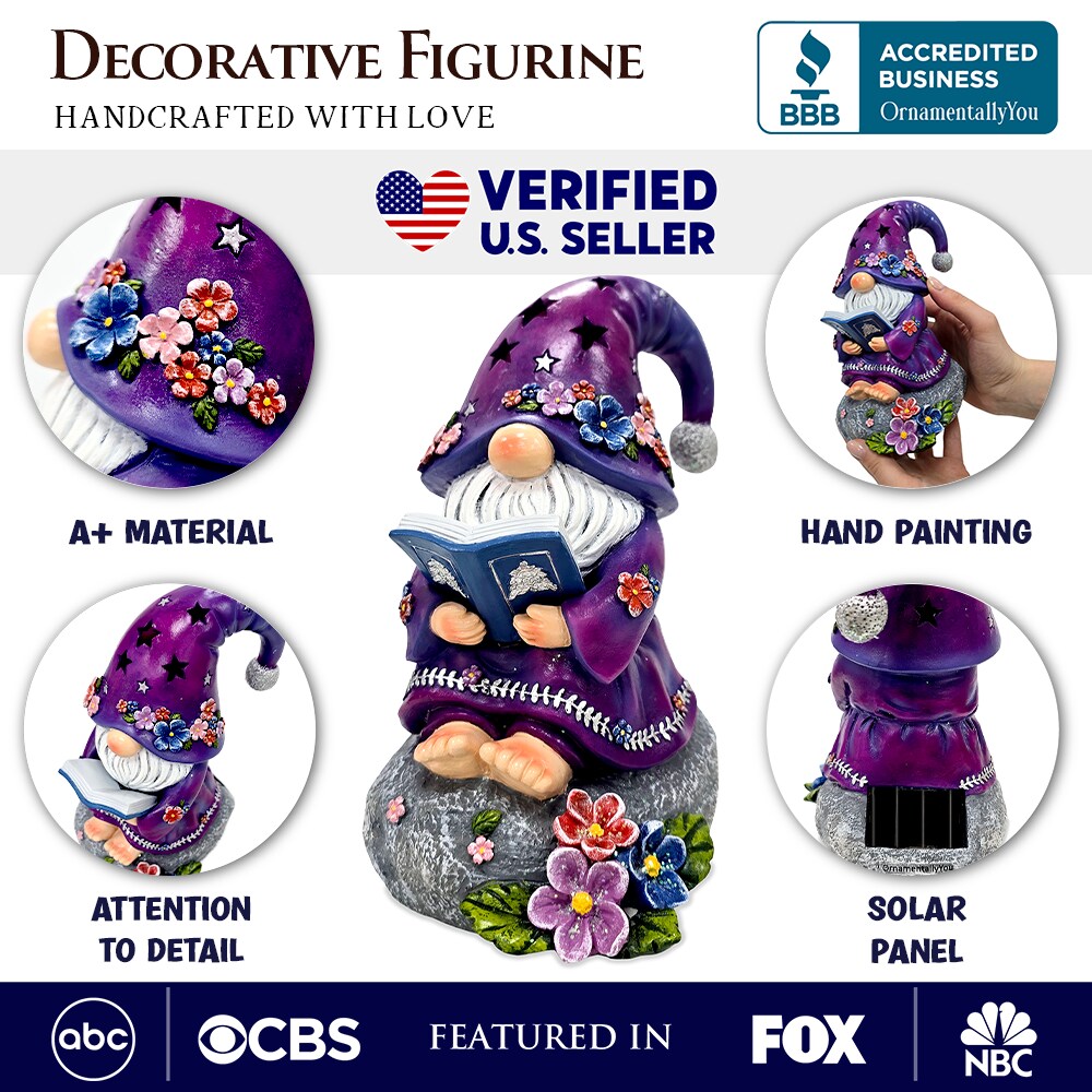 Enchanted Wisdom Solar Book Reader Gnome Figurine, 8" Lighted Lavender Purple Garden Statue