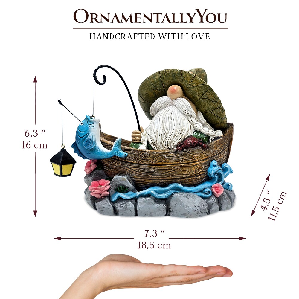 Fishing Gnome with Lantern Garden Statue, 6" Lighted Dwarf Figurine Outdoor Decor