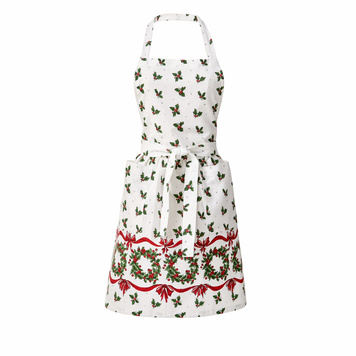 Vintage Holly Christmas Apron - White Multi Cotton Kitchen Textile, Machine Washable, 28