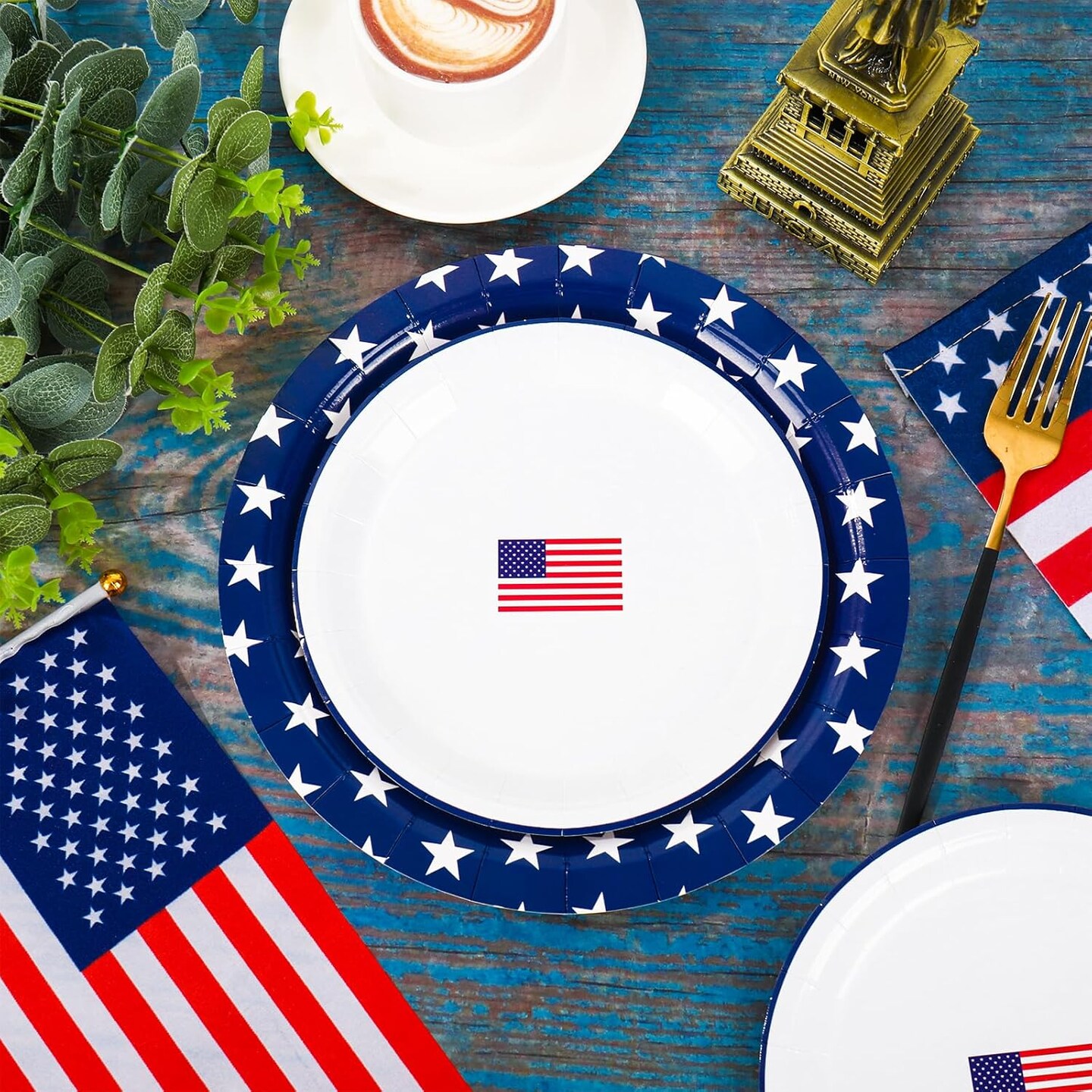 50PCS 250th Anniversary Patriotic Paper Plates Set – Red, White & Blue Star and American Flag Disposable 7” & 9” Plates for 4th of July, Independence Day & Memorial Day Party Decorations