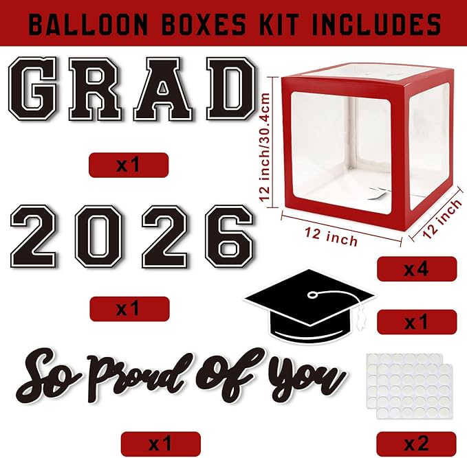 Graduation Decorations Class of 2026, Red and Black Graduation Decorations, Balloons Boxes (4PCS) with Letters 2026 GRAD So Proud of You, Congrats Grad Decorations for High School & College