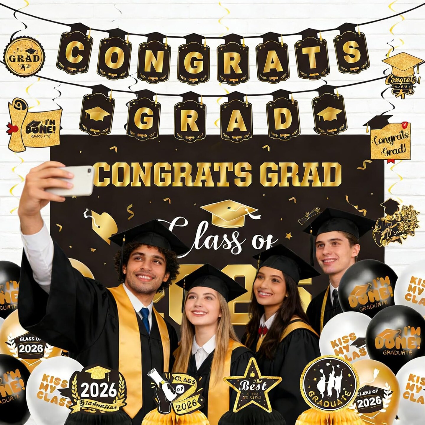 Graduation Decorations 2026 Gold Themed Set Class of 2026 Congrats Grad Banner Balloons Honeycomb & Streamers Kit Graduation Party Decorations for School and College Celebrations