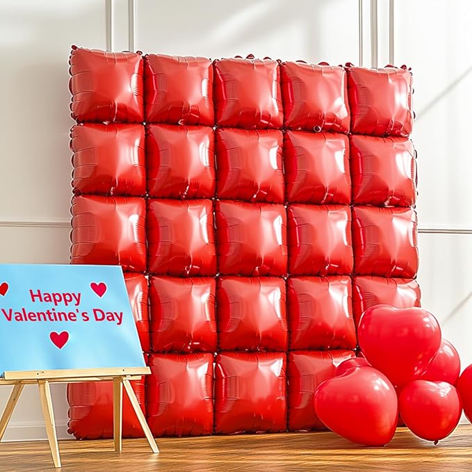 25PCS Red Square Foil Balloons Wall Backdrop Metallic Double Sided Red Christmas Balloon Tunnel Arch Kit for Christmas Birthday Baby Shower Valentine‘s Day Party Decoration