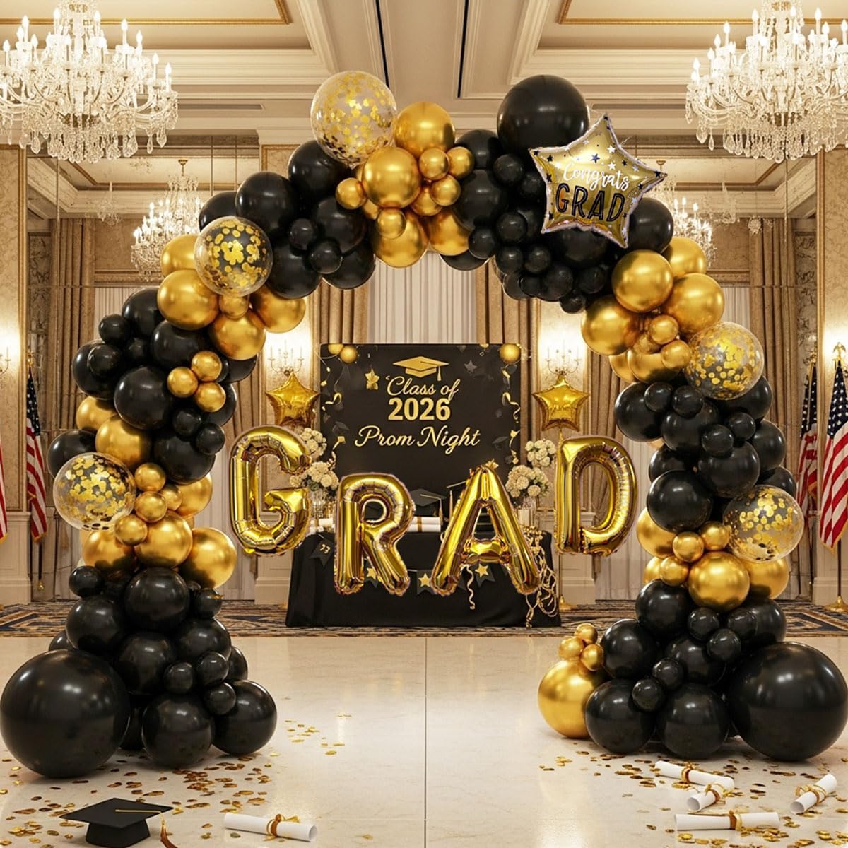 Graduation Balloon Arch Kit - 115Pcs Black Gold Graduation Balloon Garland with GRAD Letters and Star Foil Balloons for Class of 2026 Grad Prom Party Decor