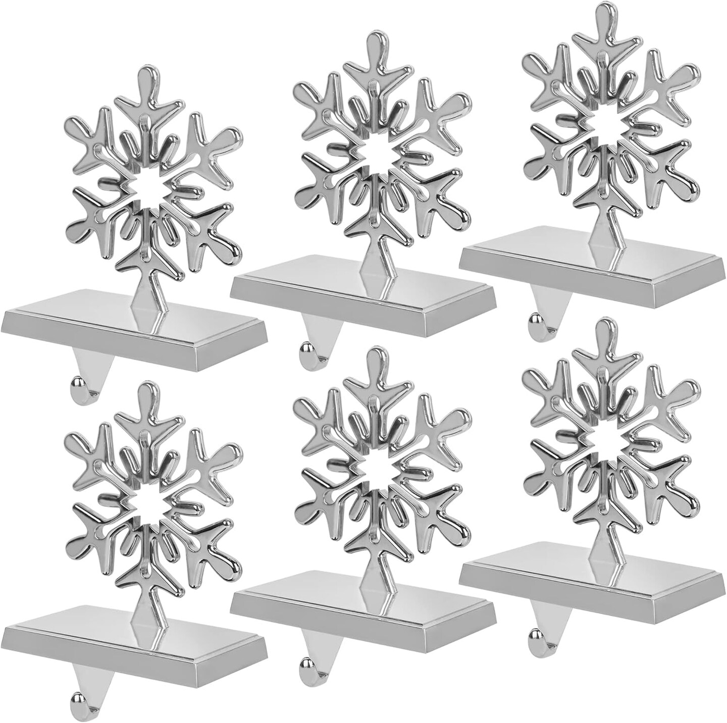 6 Pcs Christmas Snowflake Stocking Holder, Metal Christmas Stocking Hanger, 3D Sliver Stocking Hooks Non-Slip for Fireplace Mantel Window Christmas Home Xmas Party Decor