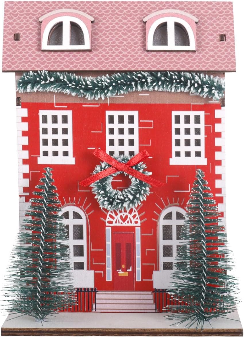 Christmas Village Set, Wooden Snow House with Christma Tree House, LED Lights Glowing Collectible Building for Kids, Adults, Indoor Desktop, Architectural Decorations