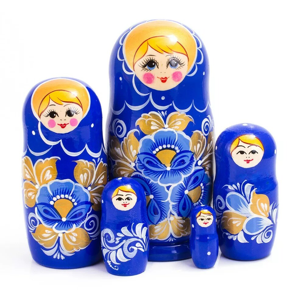 Russian Doll, with Blue Flowers, Handmade 6.5-inch Tall Matryoshkas 5 PCS