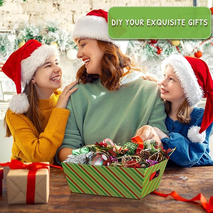 12 Pcs Christmas Baskets for Gift 8x10 Inch Empty Cardboard Baskets Bags Bulk with Handles DIY Gift Basket Market Tray Wine Basket for Xmas Gift Fill Giving(Stripe)