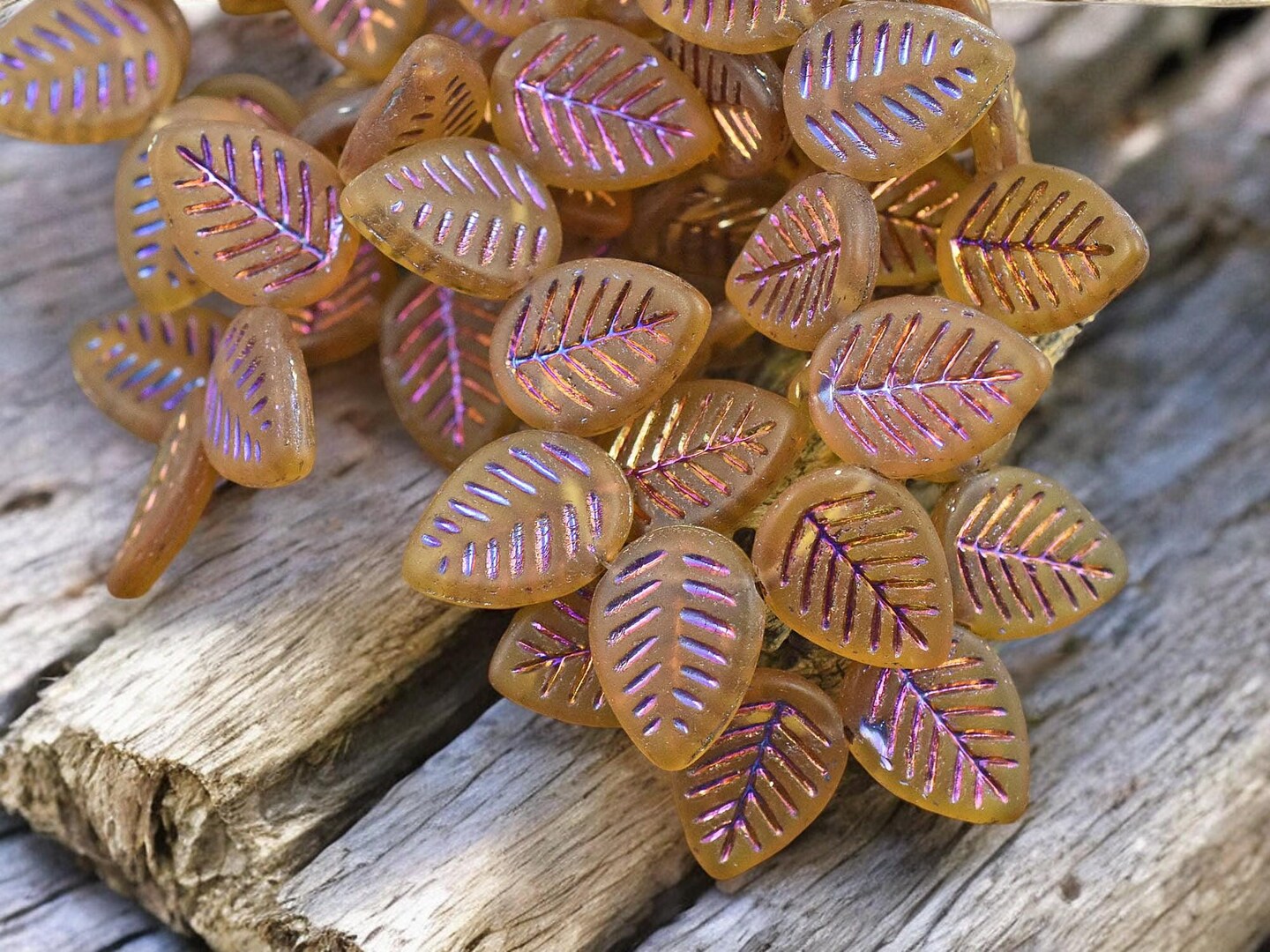 *15* 16x12mm Metallic Volcano Washed Matte Topaz Top Drilled Doogwood Leaf Beads