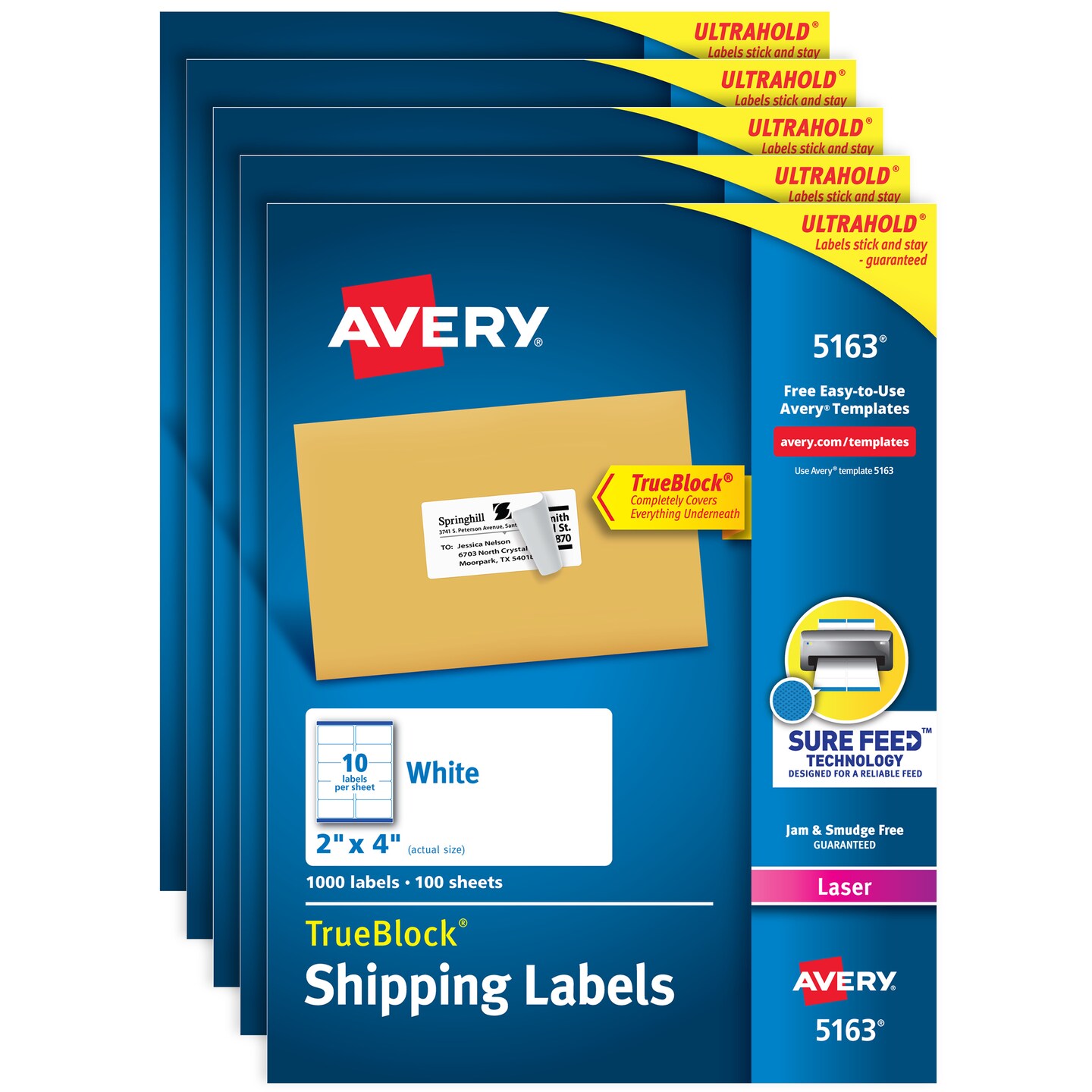 Avery TrueBlock Shipping Labels, Sure Feed Technology, Permanent Adhesive, 2&#x22; x 4&#x22;, 1,000 Labels (5163) - 5 Pack