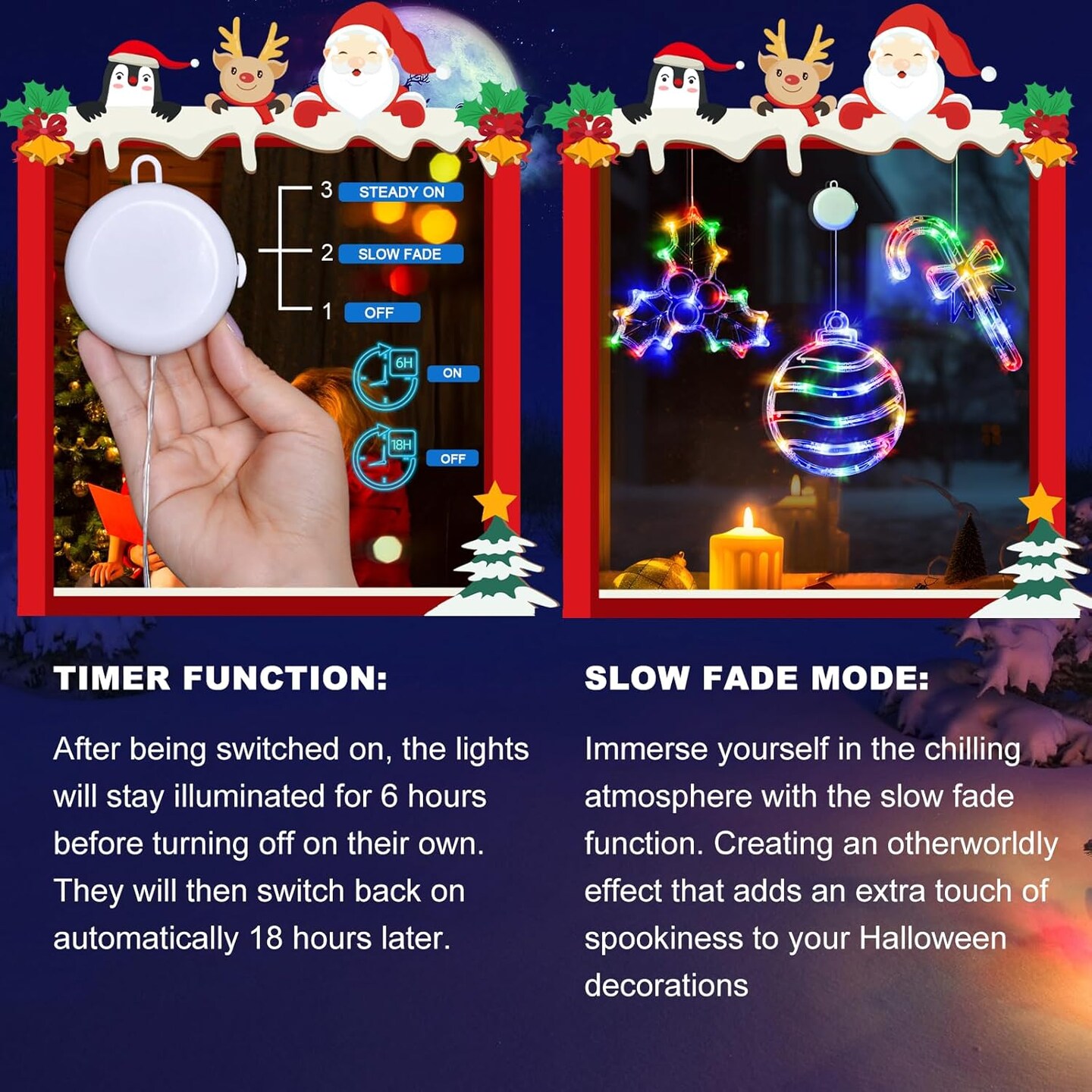 Christmas Window Lights, 3 Pack Multicolor Christmas Ball, Holly Berry, Candy Cane Lights with Suction Cup, Timer Function and Slow Fade Mode Battery Operated Lights for Christmas Decoration