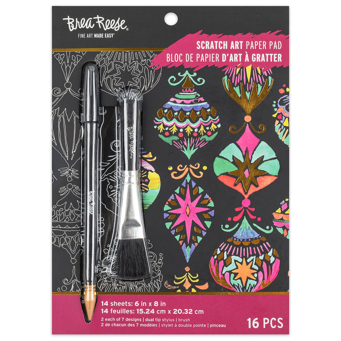 Brea Reese: Scratch Art Paper Pad - Merry &#x26; Bright - 14 6x8&#x22; Pages, Reveal 7 Seasonal &#x26; Festive Holiday Designs, Metallic Pops, Adult Craft Kit
