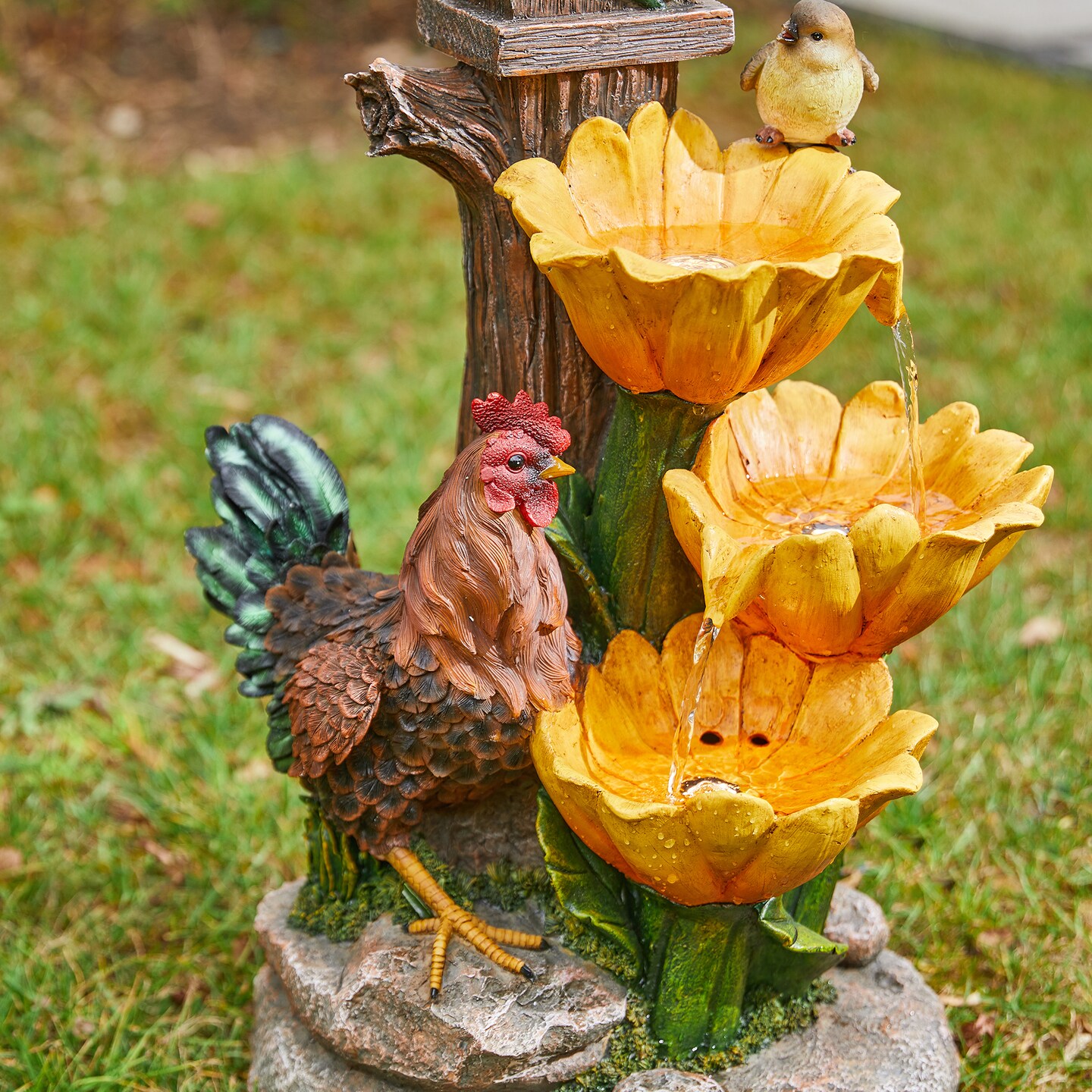 28.5&#x27;&#x27;H Farmhouse Sunflowers and Birdhouse Polyresin Outdoor Fountain with Pump and LED Light