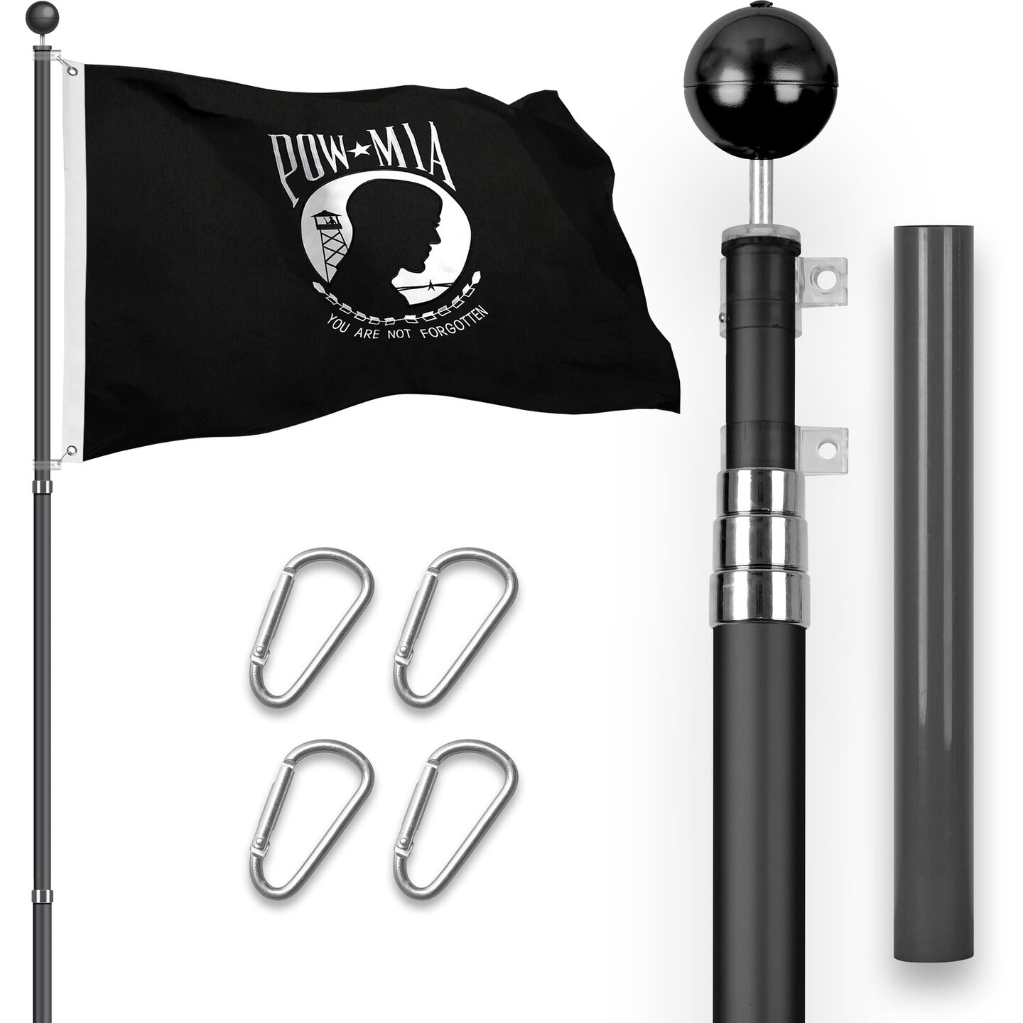 G128 Combo Pack: 16 Ft Telescoping Aluminum Flagpole (Black) & POW MIA Flag 3x5 Ft, StormFlyer Series Embroidered 220GSM Spun Polyester | Pole with Flag Included