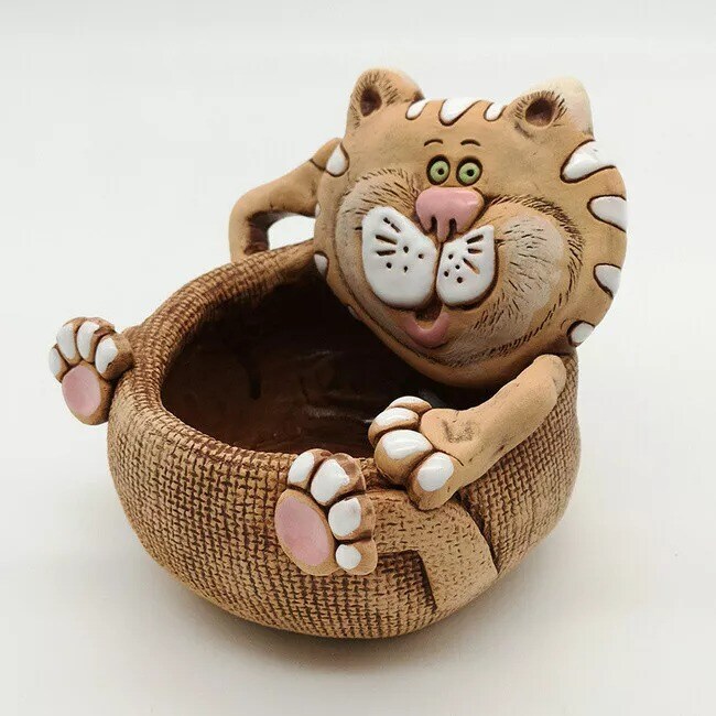 Cat Brown Ceramic Planter Clay Plants Pot Handmade Kitten Figurine