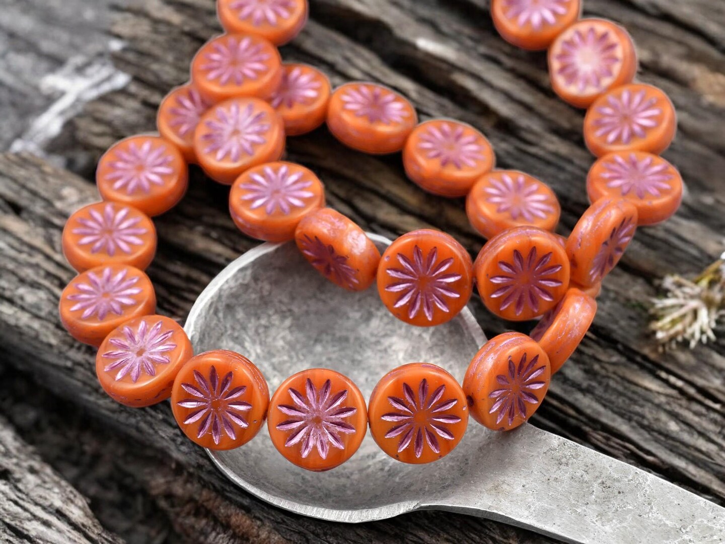 *15* 12mm Pink Washed Orange Opaline Aster Flower Coin Beads