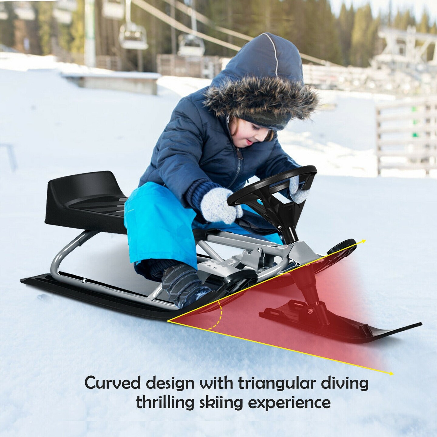 Kids Snow Sled with Steering Wheel and Double Brakes Pull Rope