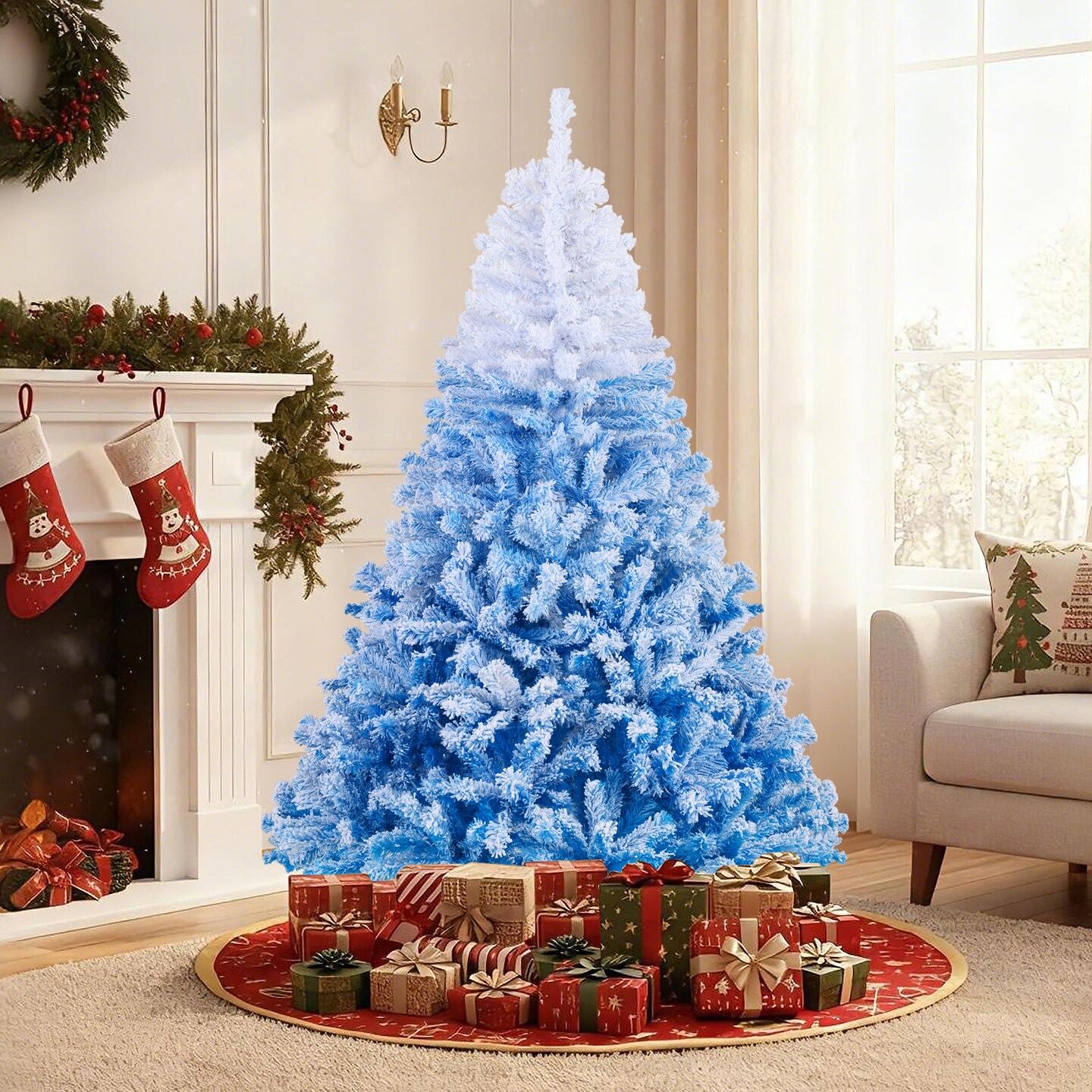 Pre Lit Christmas Tree White Blue Gradient Snow Flocked LED Lights