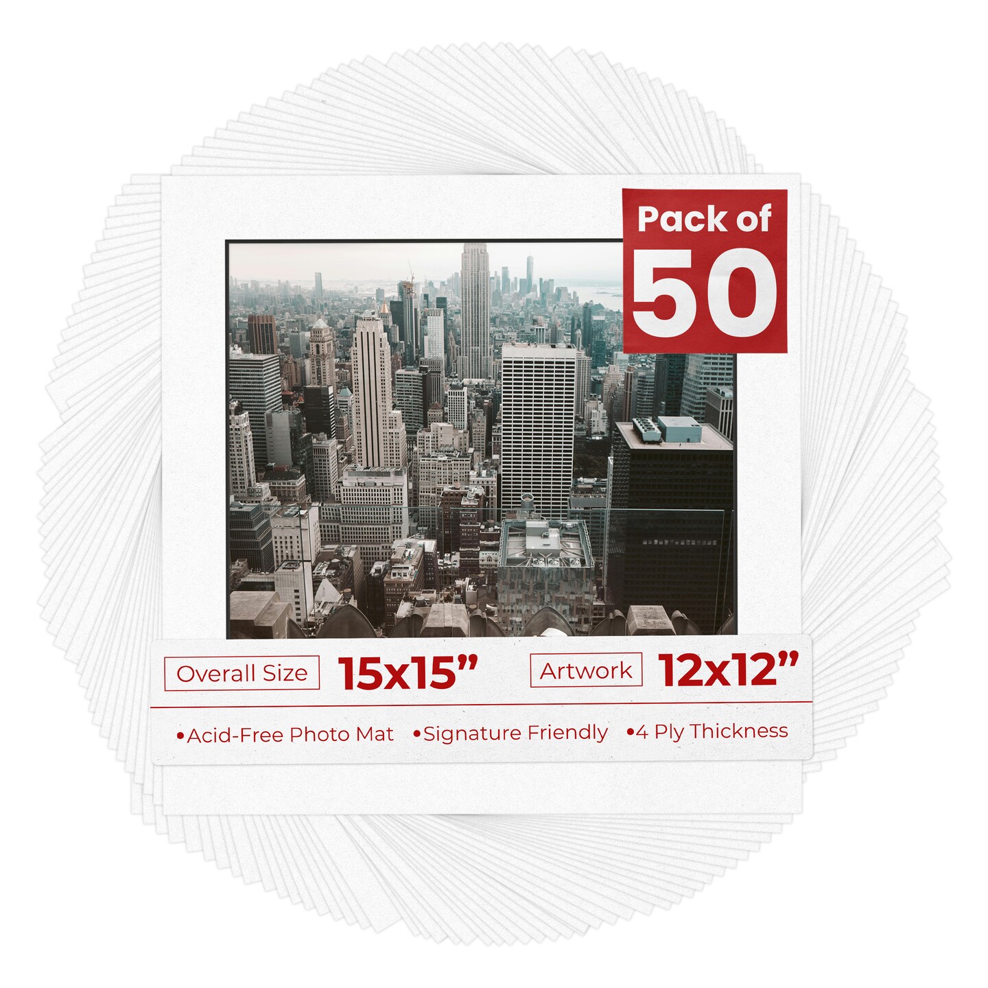 White with Black Core Mat Board for 15x15 Frames - Fits 12x12 Photos