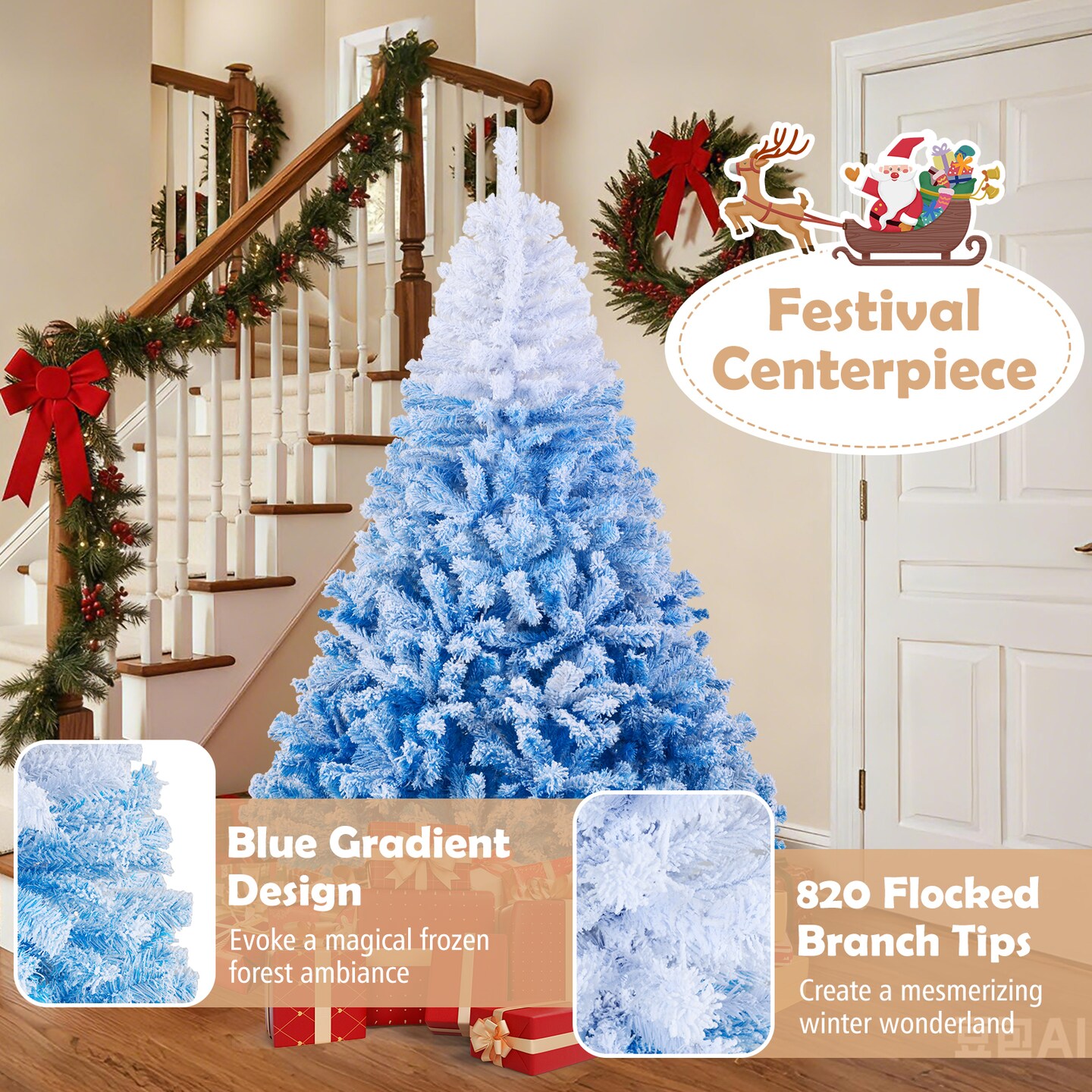 Pre Lit Christmas Tree White Blue Gradient Snow Flocked LED Lights