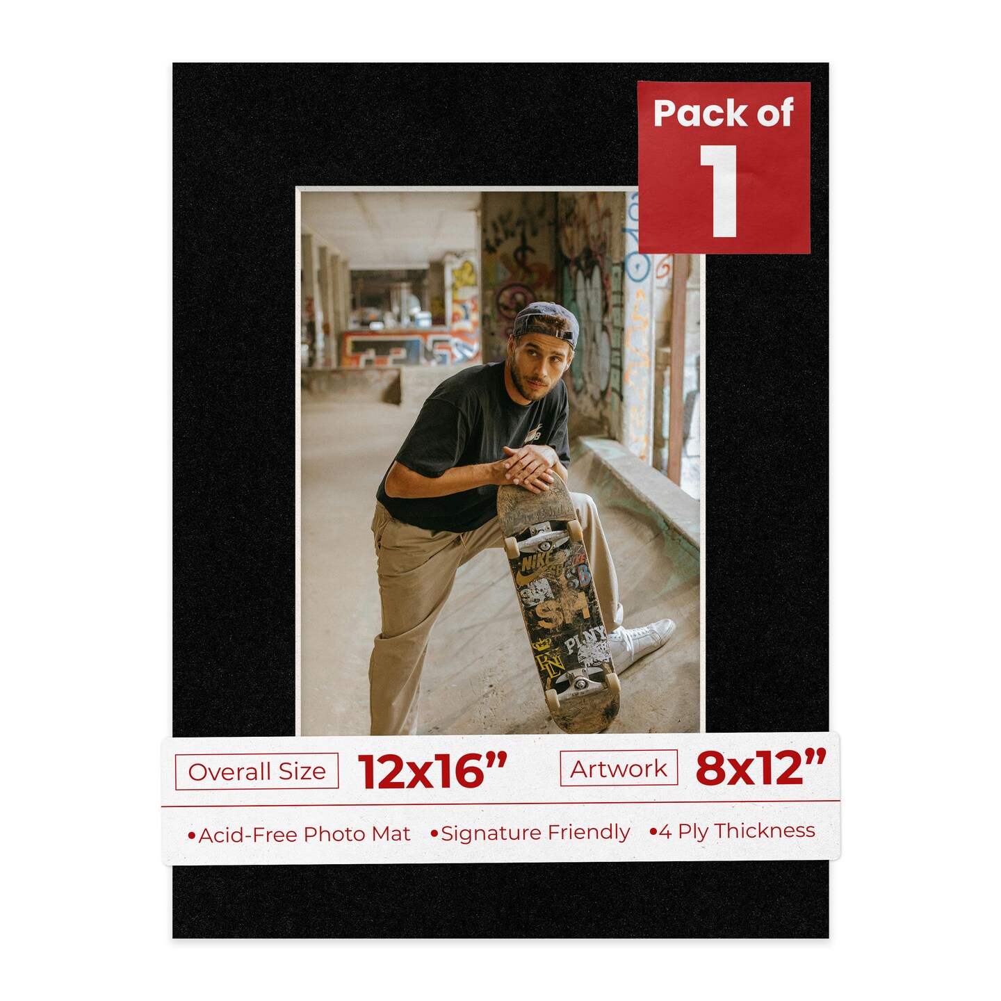 Black with Black Core Mat Board for 12x16 Frames - Fits 8x12 Photos