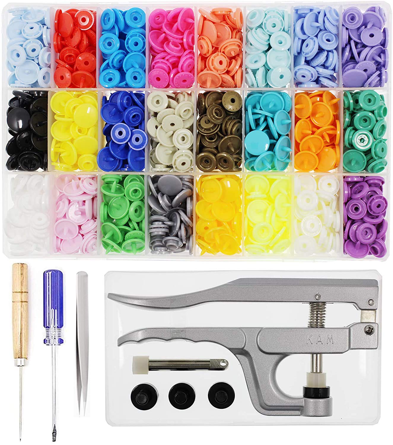 Snaps Buttons + Snap Pliers, Starter Fasteners Kit, 384 Sets 24-Colors, Size 20 T5 KAM Snap Plastic Fasteners Punch Poppers Closures No-Sew Buttons for Crafts Cloth Diaper Bibs