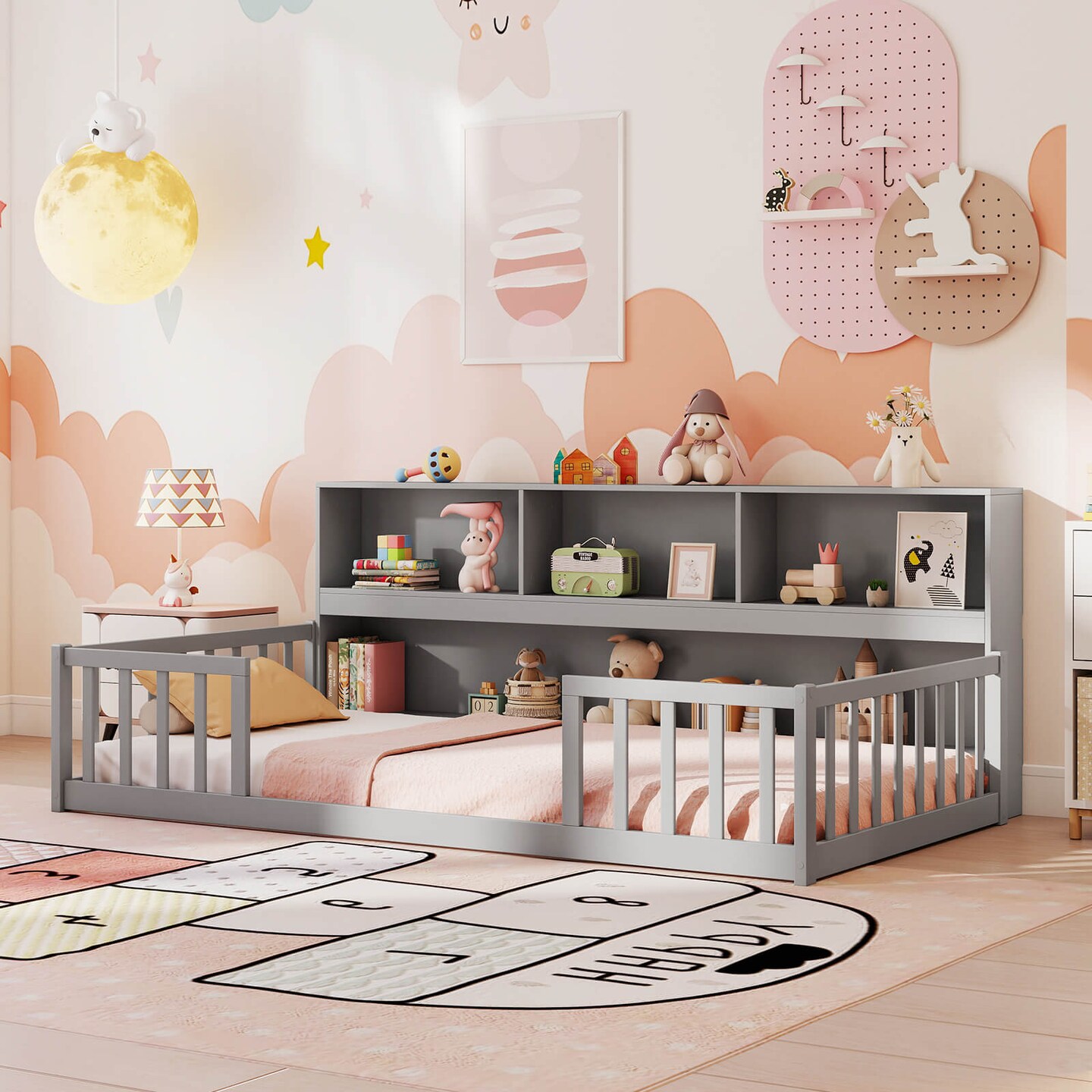 Costway Twin/Full Size Montessori Floor Bed with Bookcase Storage Shelves & Safety Fence Rails White/Gray