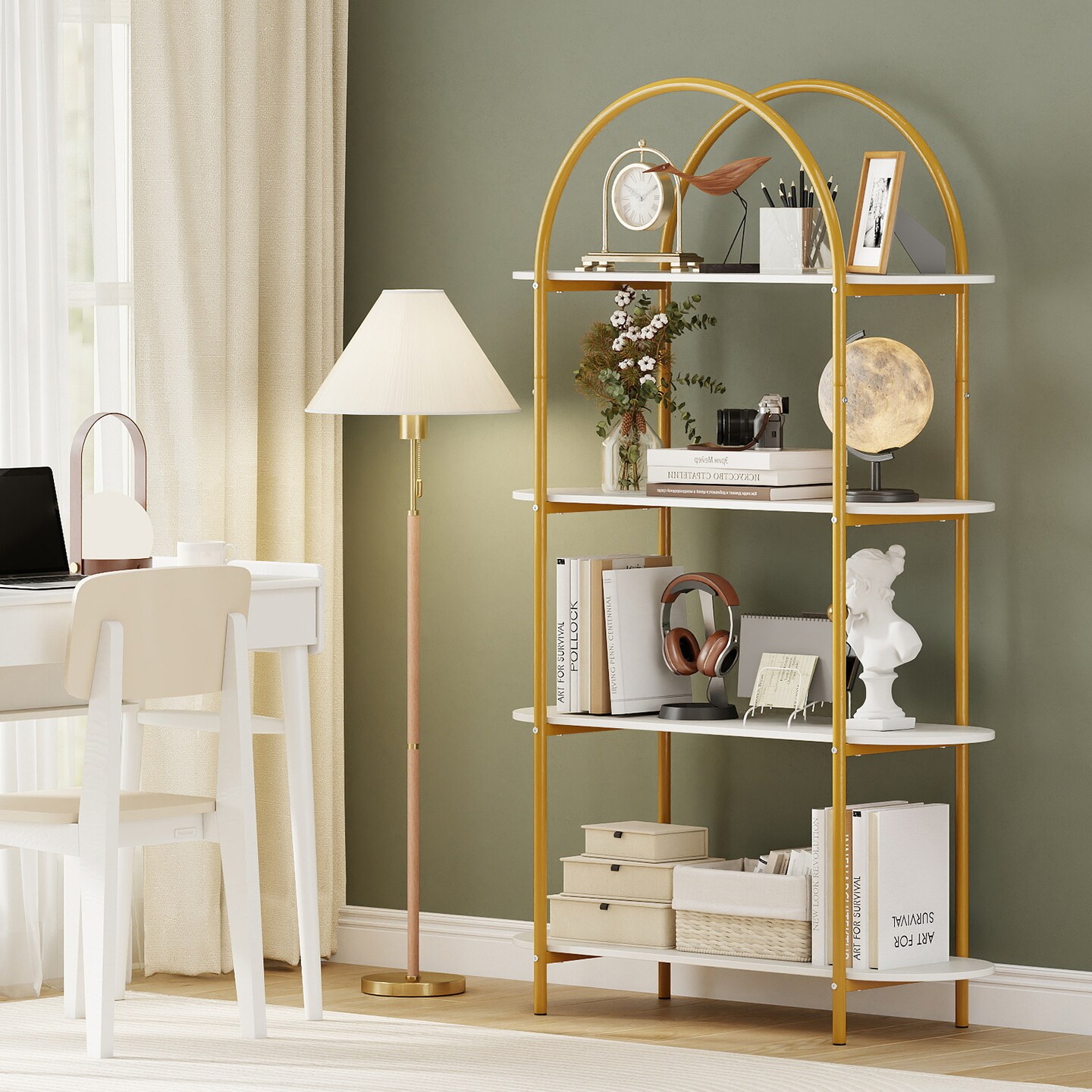 Rustic Metal & Wood 4-Tier Arched Bookshelf Stylish Home Storage & Display