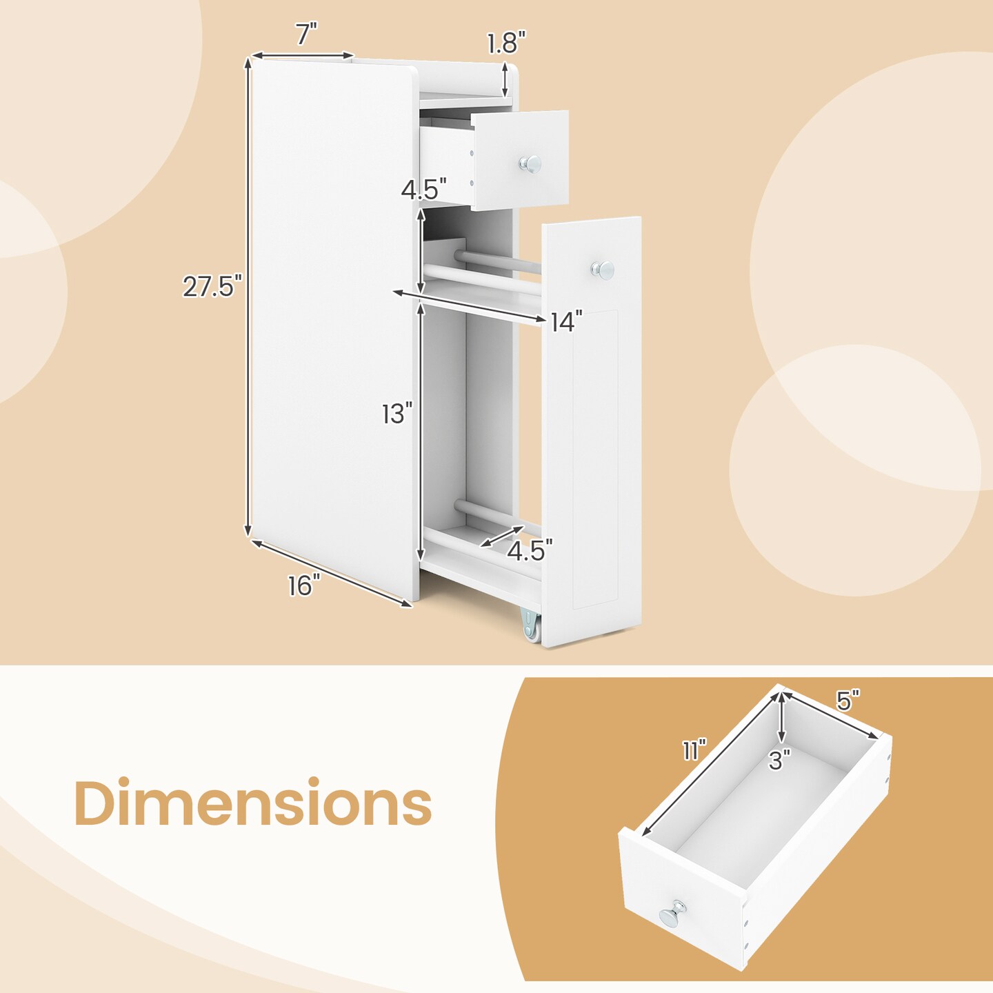 Bathroom Organizer Cabinet 4-Tier with Rolling Slide-Out Drawers