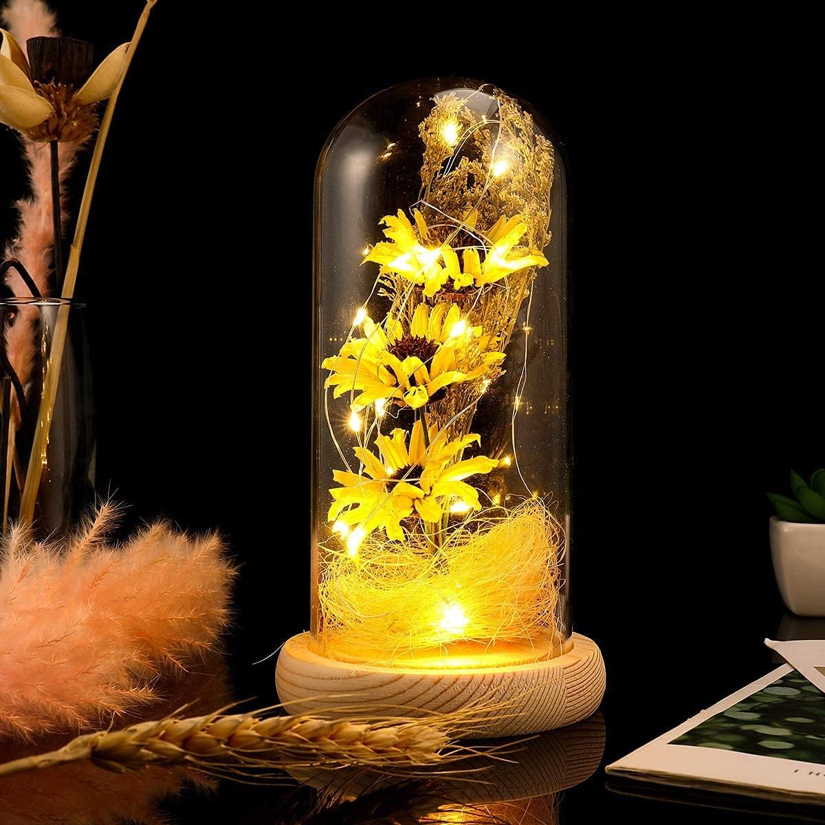 Artificial Sunflower Light for Women Unique Gifts for Xmas,Valentine Day,Wedding,Mothers Day,Anniversary Birthday Gifts for her,Sunflowers Artificial Flowers in Glass Dome (Yellow)