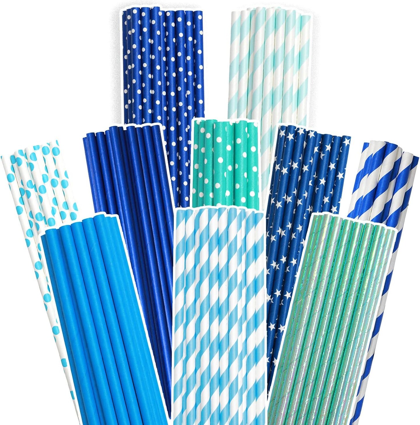 Blue Paper Straws 150pcs Disposable Bulk(10 Pattern)