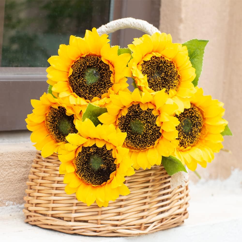 Summer Floral Arrangement - 6PCS Artificial Sunflowers with Stems, Realistic Silk Yellow Flowers for Wedding, Table Centerpieces, and Indoor/Outdoor Decoration