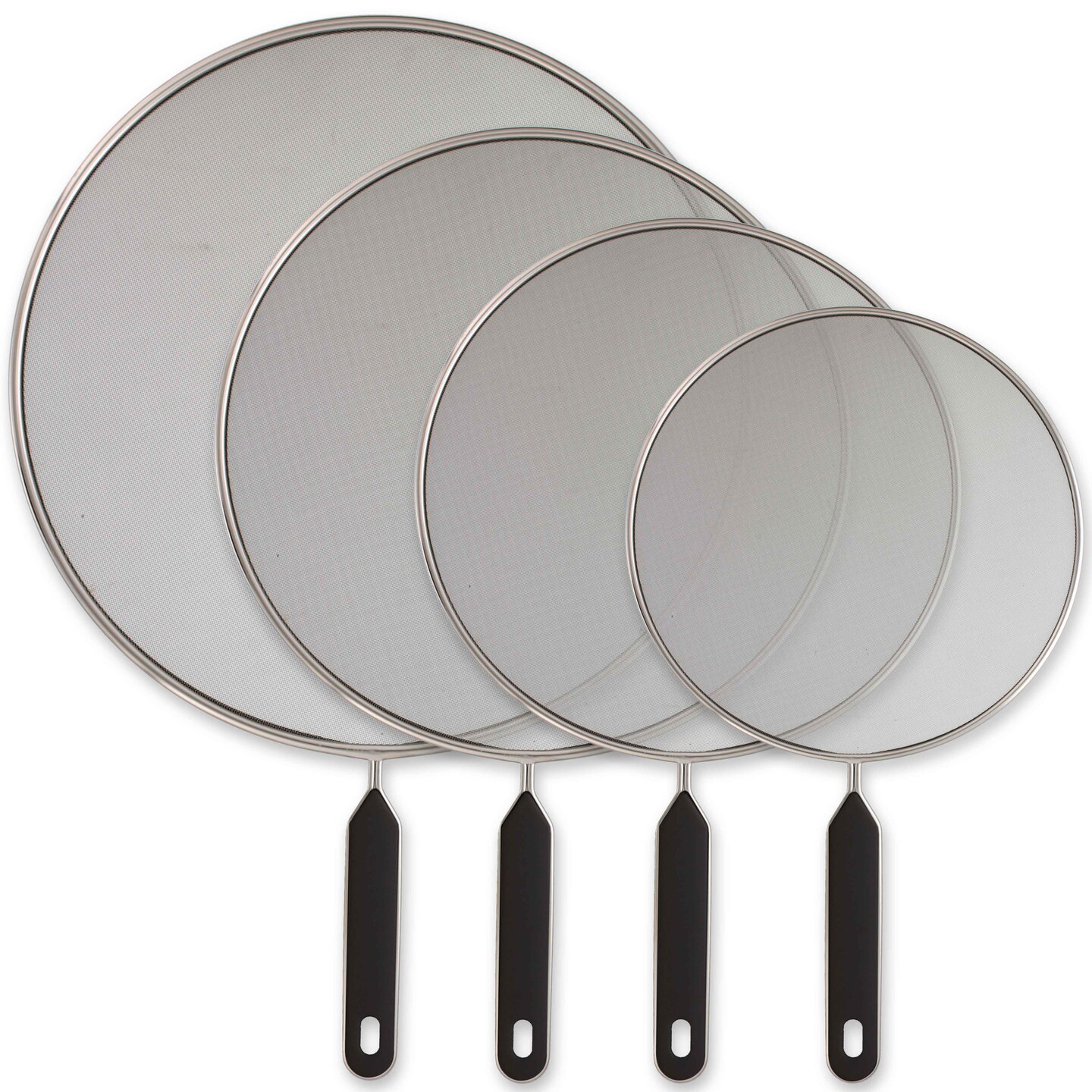 4-Piece Stainless Steel Splatter Guard Set (13&#x22;, 11.5&#x22;, 10&#x22;,8&#x201D;) Fine Mesh Cover, Grease &#x26; Oil, Splatter Screen for Frying Pan, Cooking Pots, with Comfort Grip Handles