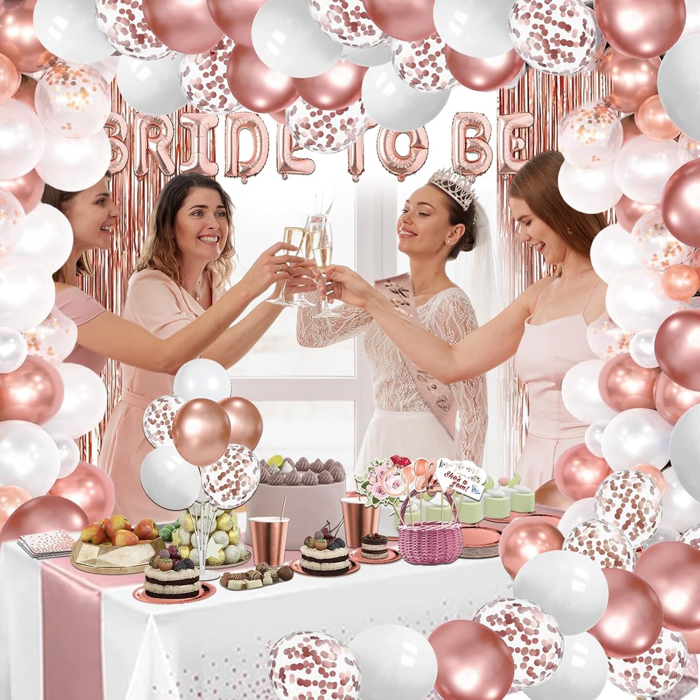 274 Pcs Rose Gold Bridal Shower Decorations, Bachelorette Party Decorations Favors - &#x22;BRIDE TO BE&#x22; Banner, Veil, Balloon, Photo Props, Tableware with Rose Gold for 25 Guests