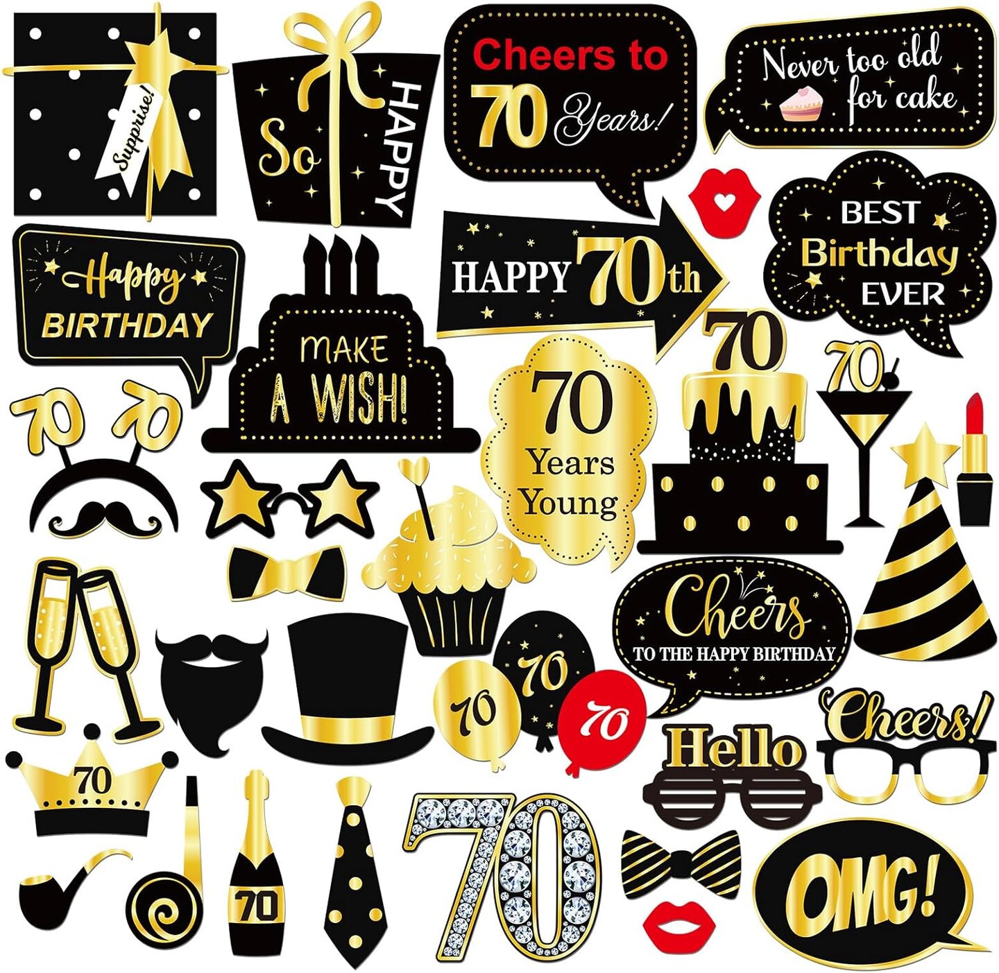 70th Birthday Photo Booth Props, Women Men 70th Birthday Photoshoot Funny Birthday Party Photography Props Favor 70 Years Old Centerpiece Sticks Decorations Black &#x26; Gold 35 PCS