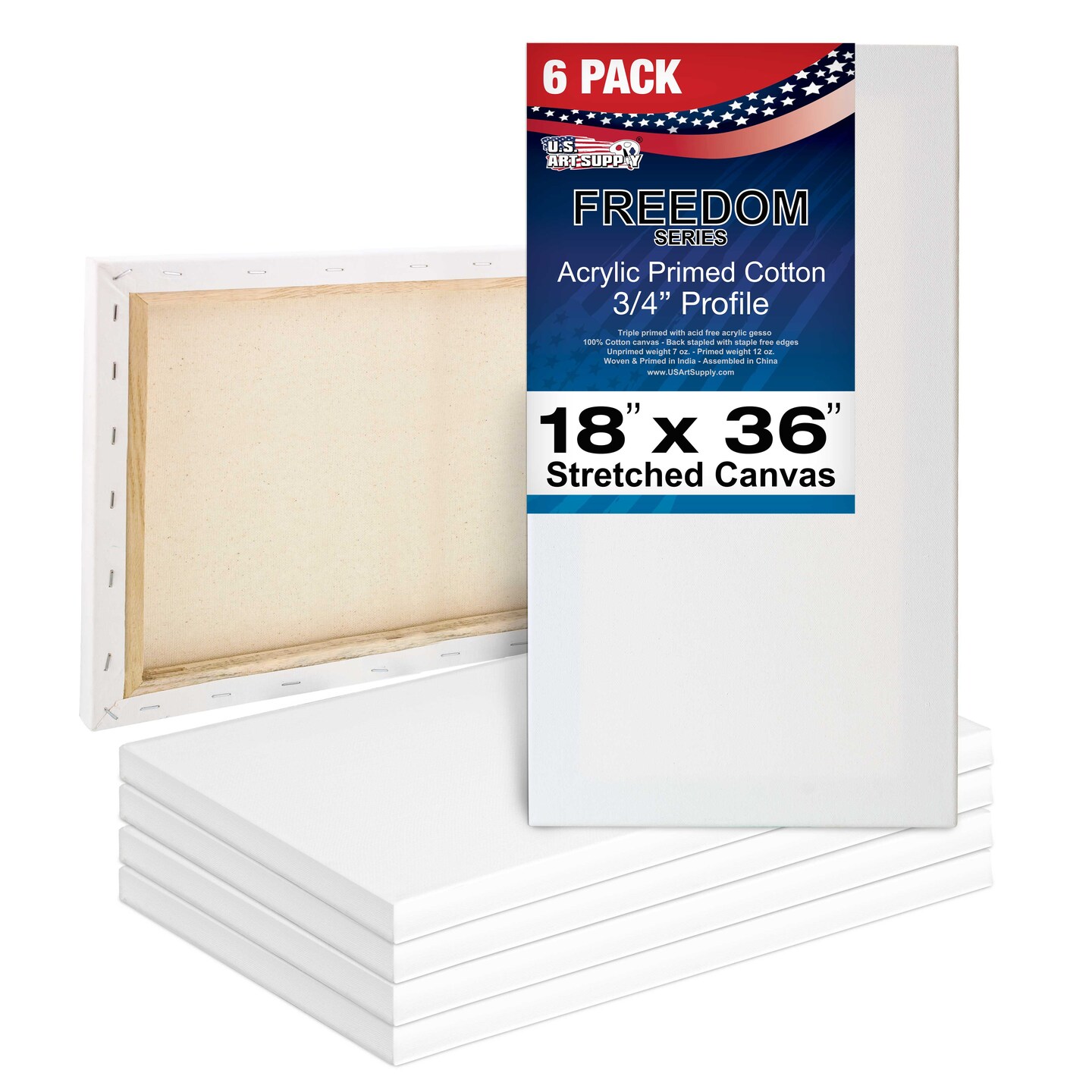 18 x 36 inch Stretched Canvas 12-Ounce Triple Primed, 6-Pack - Professional Artist Quality White Blank 3/4&#x22; Profile, 100% Cotton, Heavy-Weight Gesso
