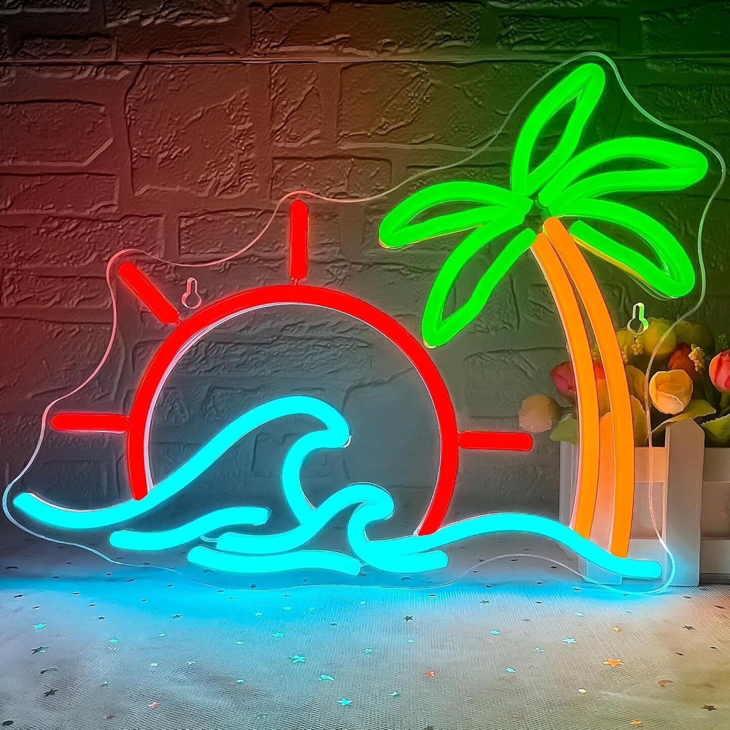 Summer Sunrise Sunset Neon Sign – Coconut Tree & Wave LED Light for Beach Home & Party Decor