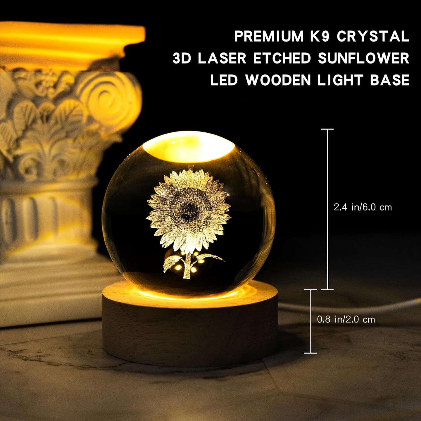 &#x22;Summer Tabletop Decor: 3D Laser Etched Sunflower Crystal Ball with Stand &#x2013; 60mm Glass Sphere Lamp, Night Light, Sunflower Figurine, Glass Paperweight for Bright Seasonal Displays&#x22;