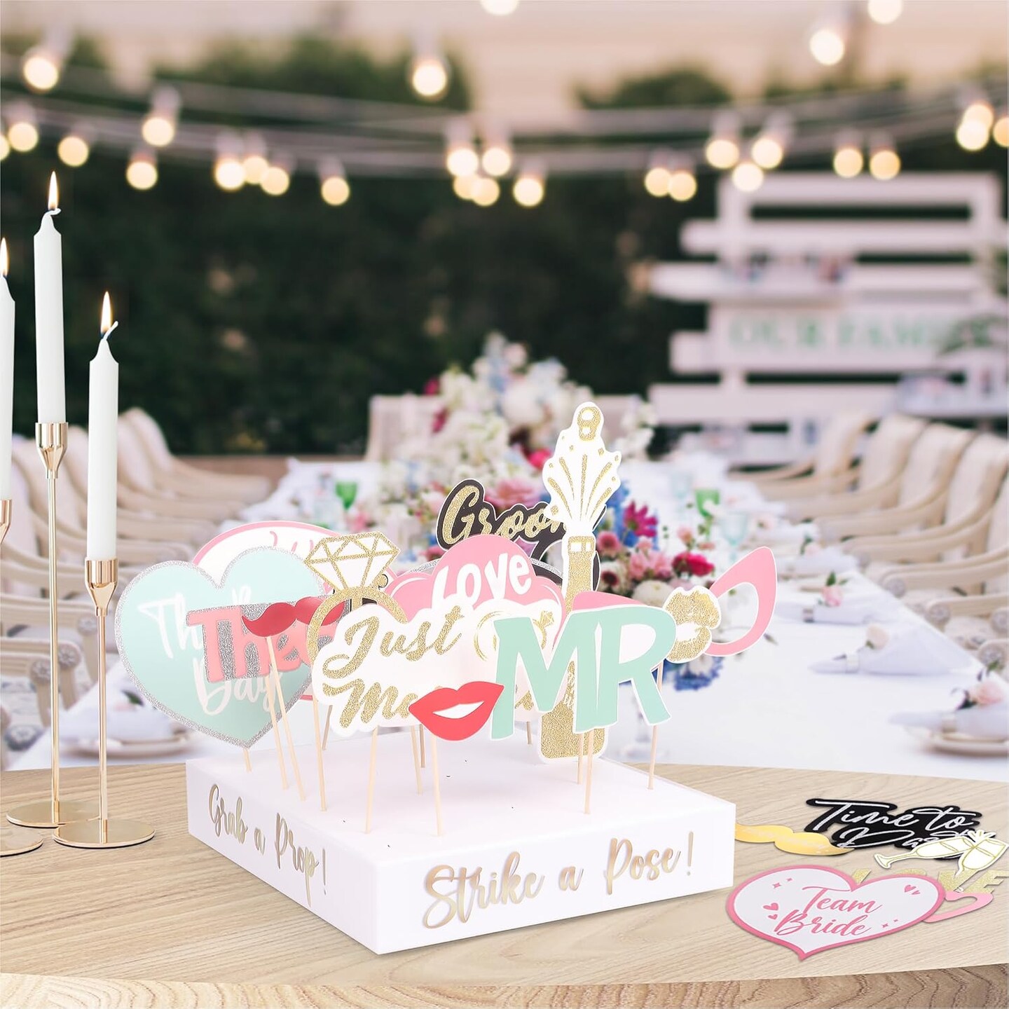 60PCs Pastel Themed Wedding Photo Booth Props - Pre-Assembled - Elegant Wedding & Reception Party Props - Funny Props - Real Glitter - Bridal PhotoBooth