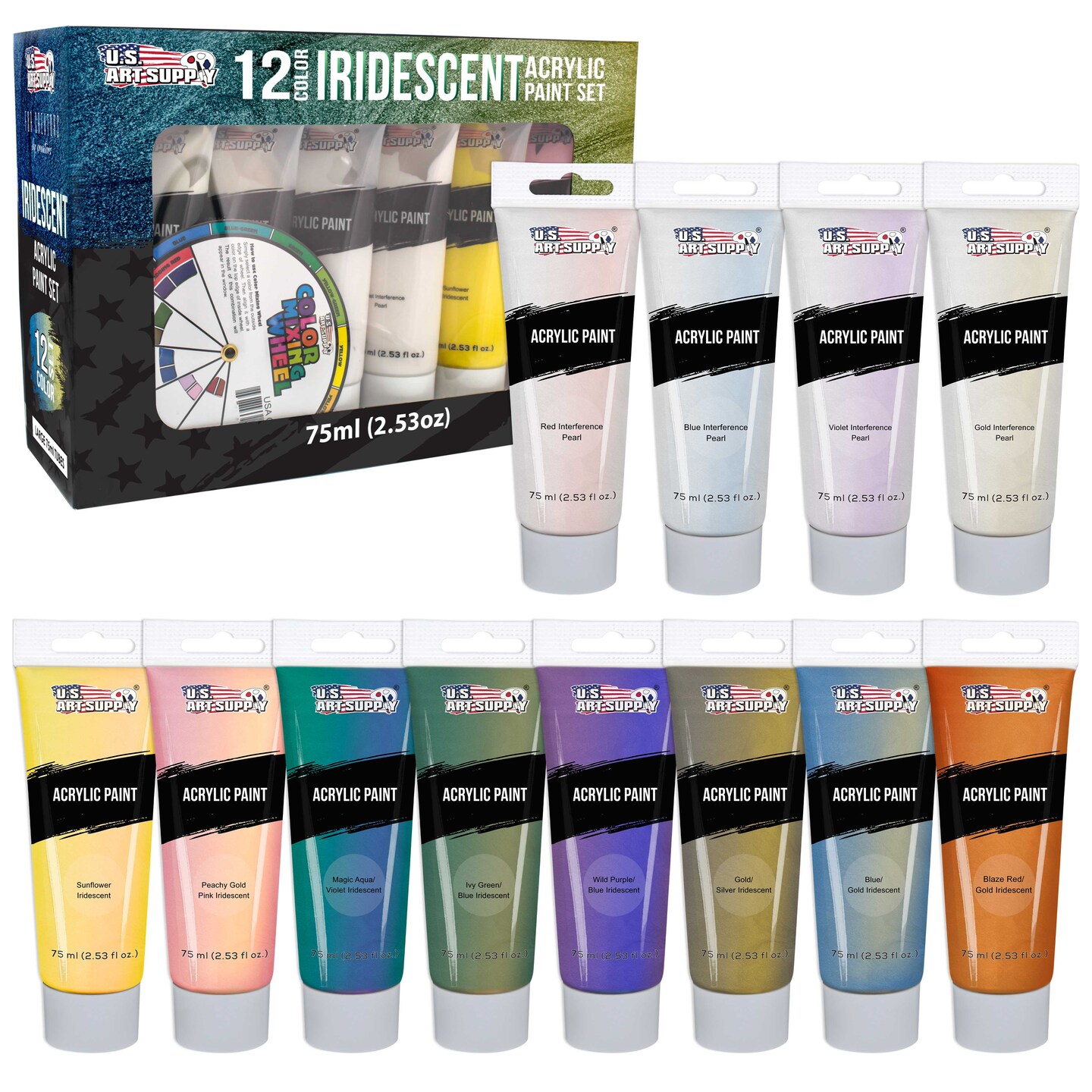 U.S. Art Supply Professional 12 Color Set of Iridescent Acrylic Paint, 75ml Tubes - Luminescent Special Effect Chameleon Color-Shifting Pearl Colors