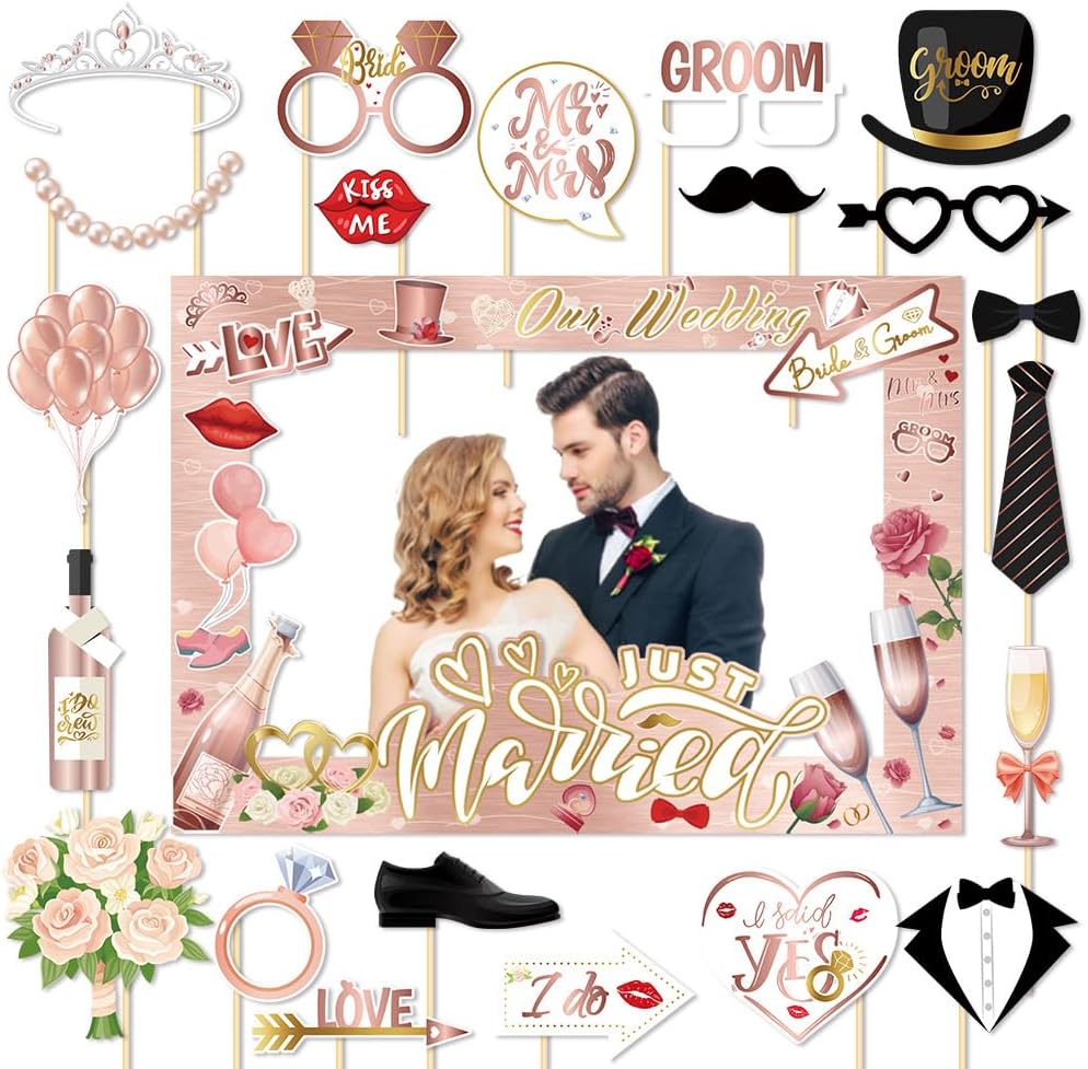 26 PCS Wedding Photo Booth Props and Photo Frames, Rose Gold Bride to Be Selfie Photo Booth Frame Props, Wedding Decoration Bachelorette Engagement Party Favor Supplies Welcome to Seller Assistant Please log in to your account to start working Log