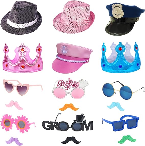 18 Pcs Fun Photo Booth Props Set for Adults, Novelty Funny Hats and Party Sunglasses, Colorful beards, Photo Booth Props Kit for Wedding, Bachelorette Party, Birthday, Costume, Events, All Occasions