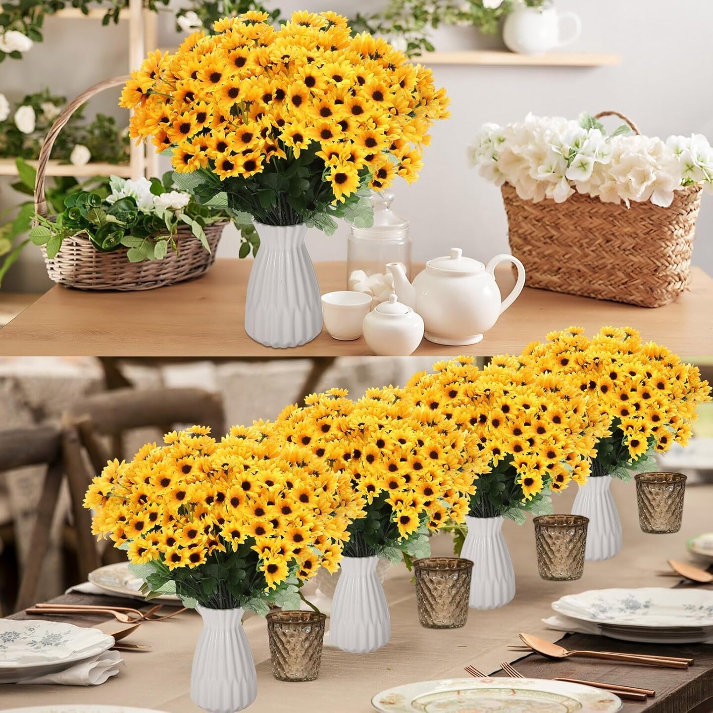 Summer Floral Arrangement - 24 Bundles Artificial Sunflowers with 22 Small Daisies, Faux Silk Flowers for Home, DIY, Table Centerpieces, and Wedding Decor