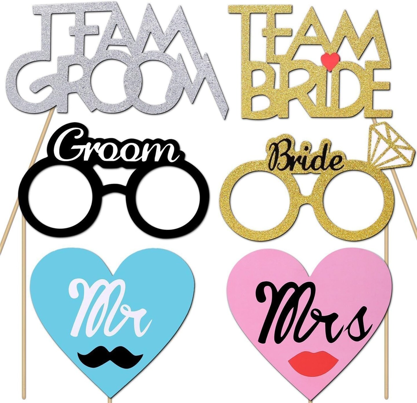 Wedding Photobooth Props Kit, Engagement Photo Booth Accessories with Wooden Dowels for Bridal Shower Wedding Favour Party Decorations Funny Selfie Props